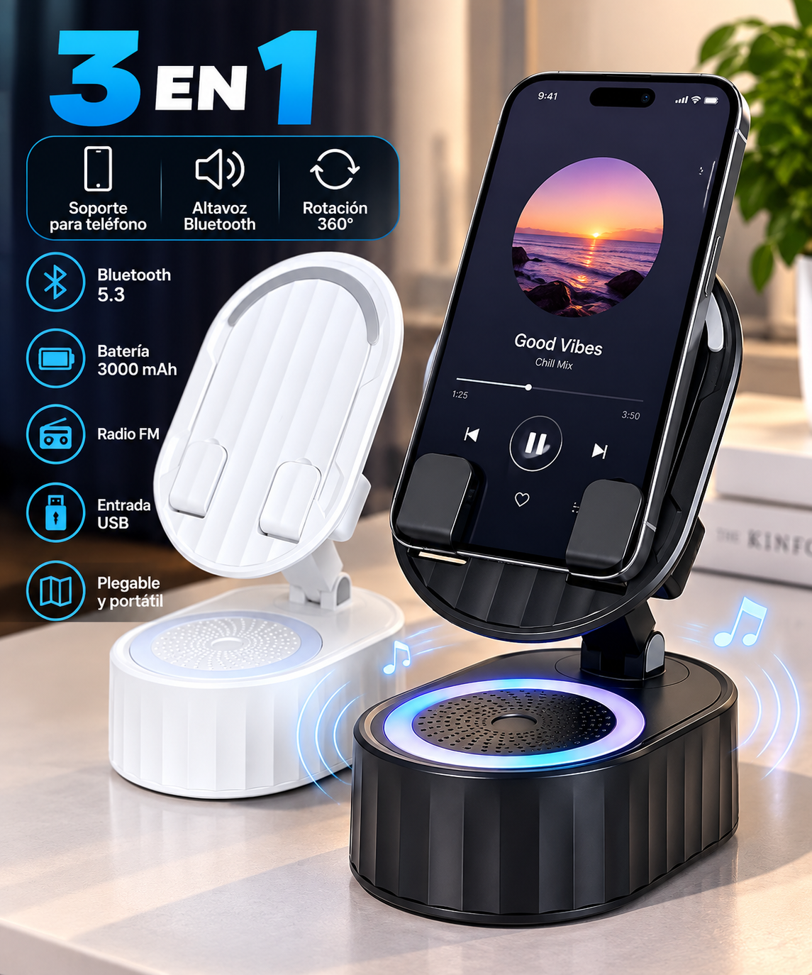 📱✨ Soporte 3 en 1 con Altavoz Bluetooth 5.3 – Giratorio 360° 🔊🔄