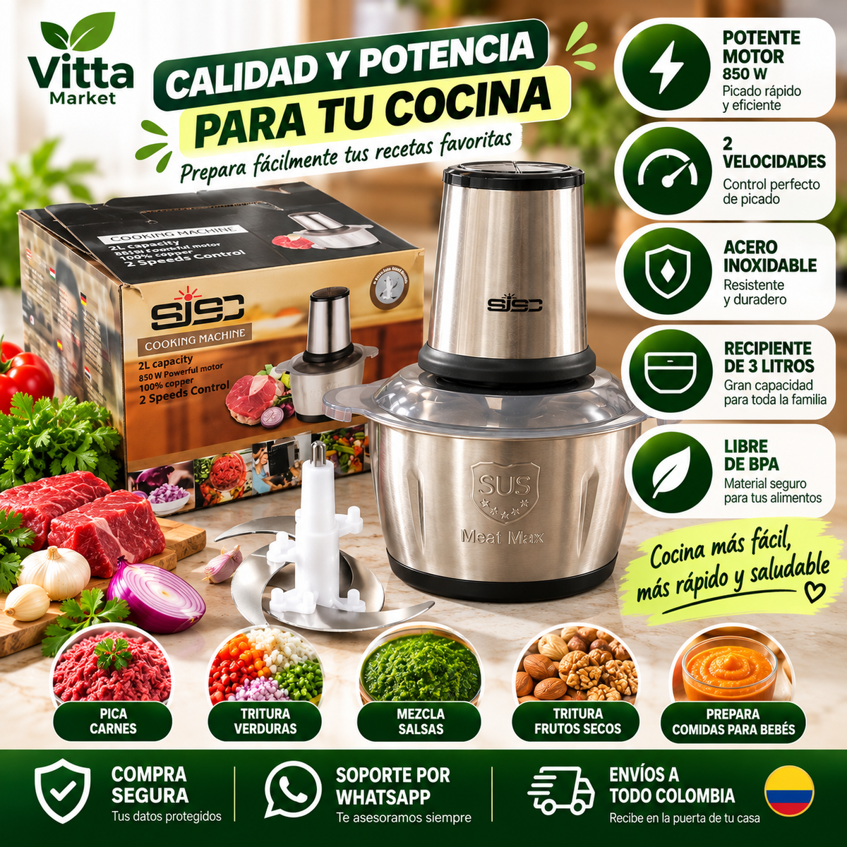 🥗 Picadora Eléctrica de Alimentos en Acero Inoxidable: Potencia y Practicidad para tu Cocina ✨